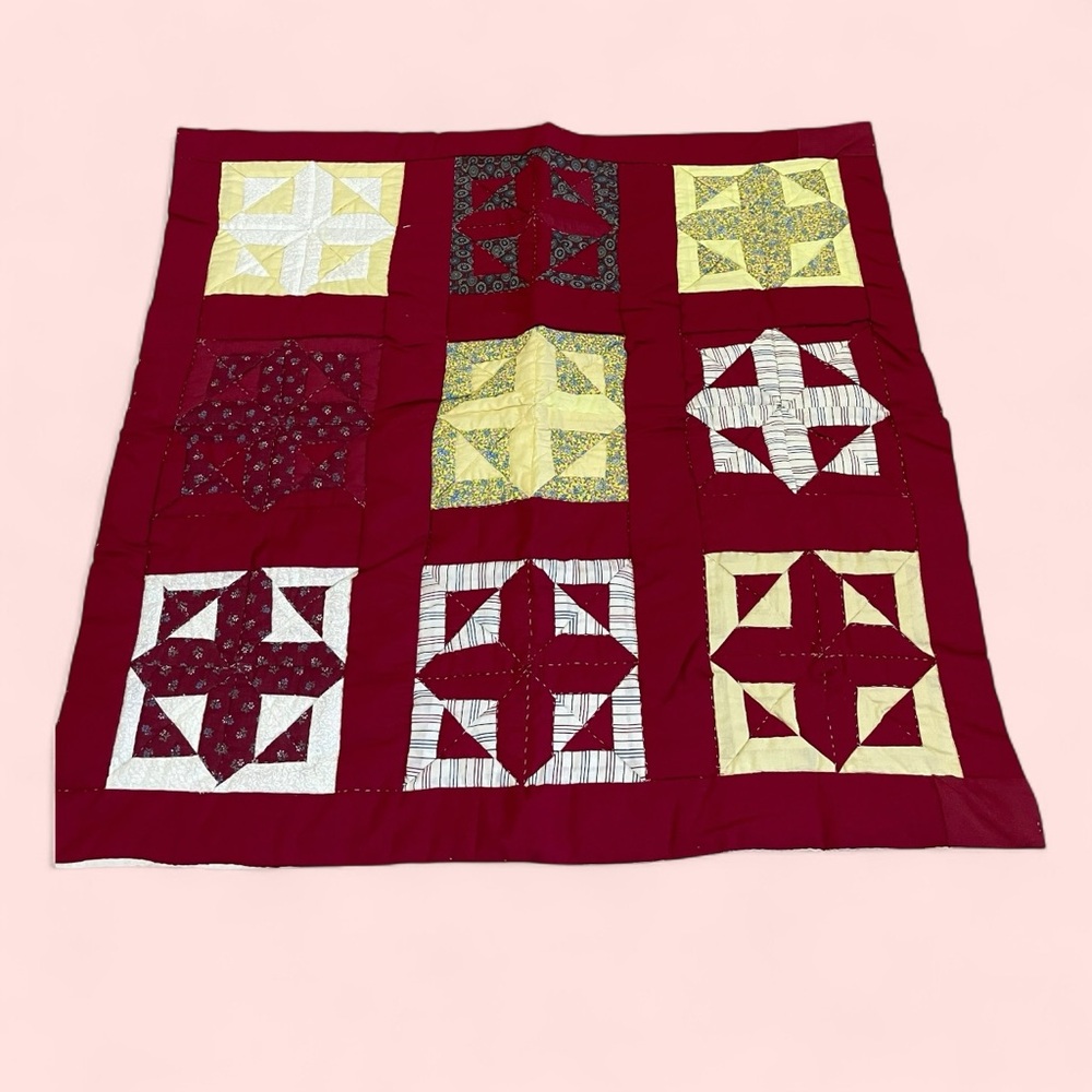 Vintage handmade quilted side table cloth 38 x 39” red floral cottage core